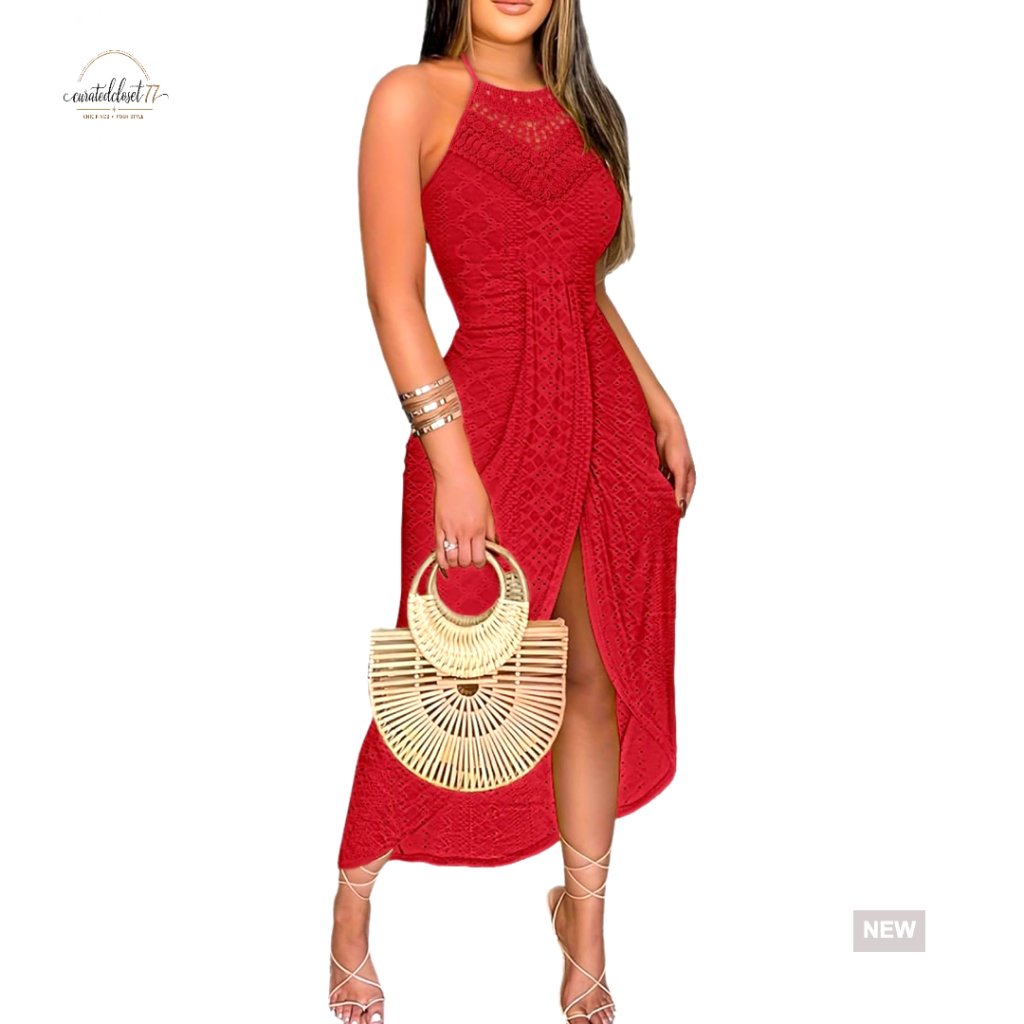 Summer Halter Maxi Dress With Eyelet Embroidery Side Slit A-Line